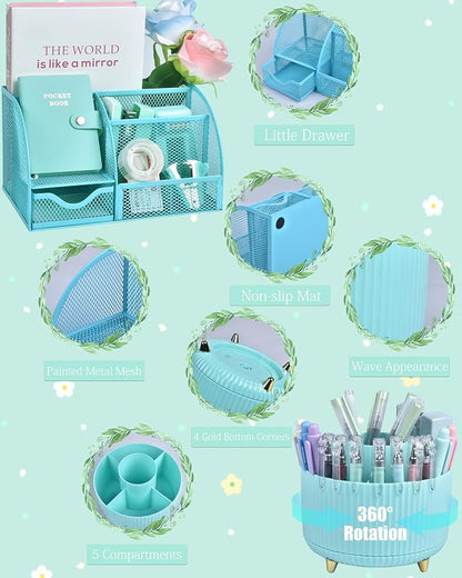 LXEVIHK 21Pcs Green and Blue Desk Organizers and Accessories With Mesh Desk Organizer and 360°Rotating Pen Holder and a Lot of Office Green Office Supplies Beautifully Presented in a Gift Box