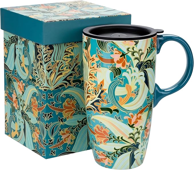 Topadorn 17oz Ceramic Travel Mug with Lid, Art Nouveau Floral Coffee Mug | Vintage Blue Botanical Latte Cup, Microwave & Dishwasher Safe Gift Mug for Home Office Commute