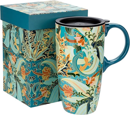 Topadorn 17oz Ceramic Travel Mug with Lid, Art Nouveau Floral Coffee Mug | Vintage Blue Botanical Latte Cup, Microwave & Dishwasher Safe Gift Mug for Home Office Commute