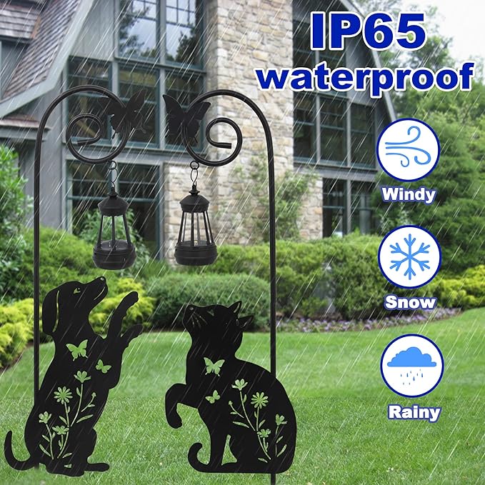 Solar Dog and Cat Lantern Garden Stakes - Outdoor Decorative Solar Lights for Yard, Patio, Pathway - Weatherproof Metal Pet Stake with Auto Night Lighting