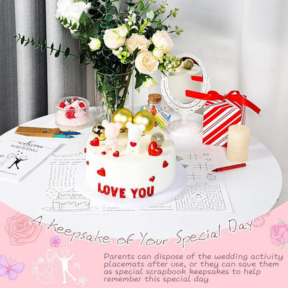 Pasimy 24 Set Wedding Activity for Kids Including 24 Pcs Wedding Coloring Placemats Books Sheets and 24 Pcs Coloring Crayons Individually Packaged for Reception Guest Party Favors, 15.7''x11''