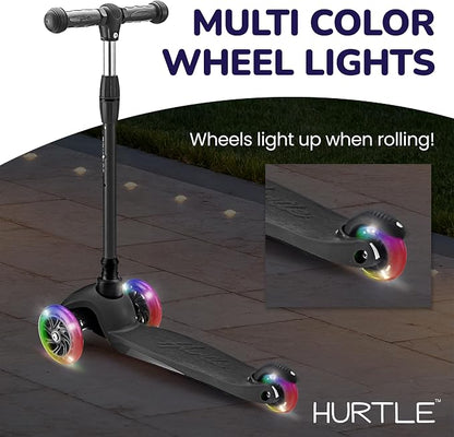Hurtle Mini Kickboard 3 Wheel Scooter for Kids Ages 2-5 - Lean-to-Steer Toddler Scooter with Light-up LED Wheels, Adjustable Height & Rear Foot Brake for Boys. & Girls, Anti-Slip, Indoor/Outdoor