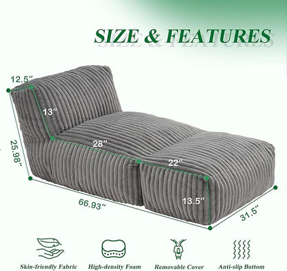Hobestluk Big Bean Bag Lounger Chairs Large Beanbag Chair for Adults Bean Bag Sofa with Memory Foam Filled for Living Room, Bedroom or Balcony (Stripe Grey)