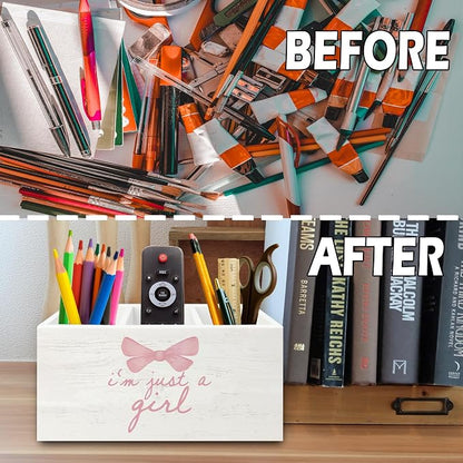 Pink Coquette Bow Preppy Pen Pencil Holder Organizer for Desk, Preppy Desk Decor, I'm Just a Girl Pink Wooden Box Sign for Girly Room Bedroom Dorm Tabletop Decorations