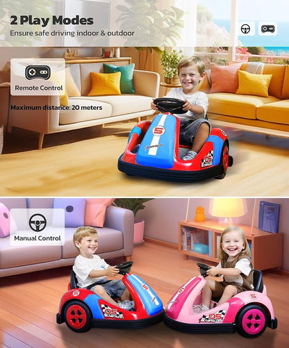 ELEMARA Kids Bumper Car with Big Wheel, 12V Toddler Bumper Cars with Remote, 2.2 Mph Max, Baby Bumping Toy Car with DIY Stickers,360 Degree-Spin, Bluetooth, Music,LED Lights, Deep Red