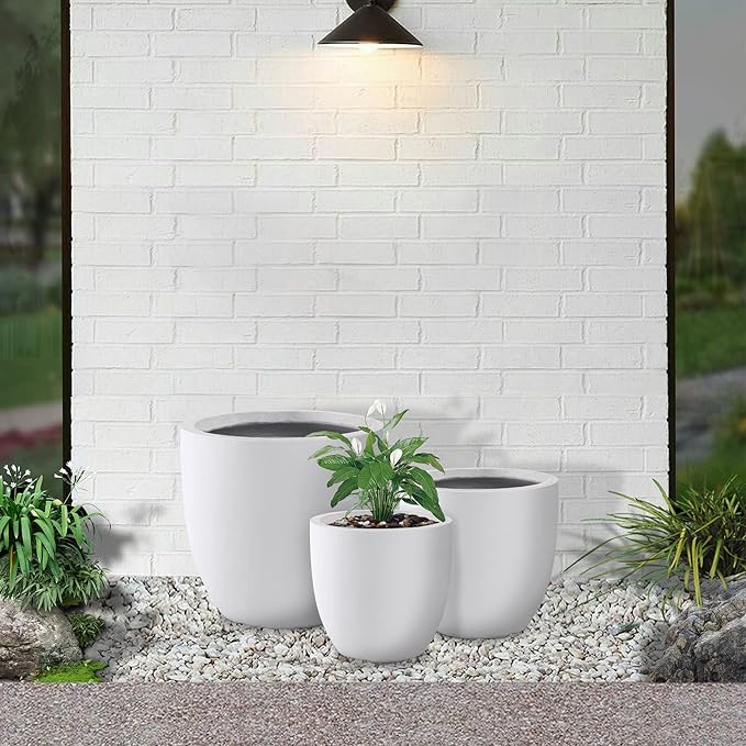 Kante 18",14",10" Dia Concrete Round Planters (Set of 3), Outdoor Indoor Large Planter Pots with Drainage Hole for Home Patio Garden, Pure White