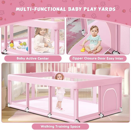 Fshibila 74" ×50" Large Baby Playpen, Baby Playard for Babies and Toddlers, Play Pens for Indoor & Outdoor, Sturdy Safety Play Yard with Soft Breathable Mesh, Anti-Fall, Pink