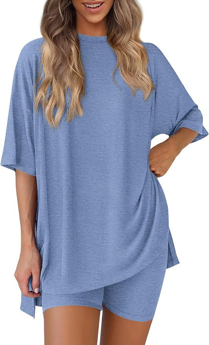 PRETTYGARDEN Women 2 Piece Lounge Set 2026 Summer Casual Oversized Shirts Biker Shorts Matching Airport Travel Outfit Clothes