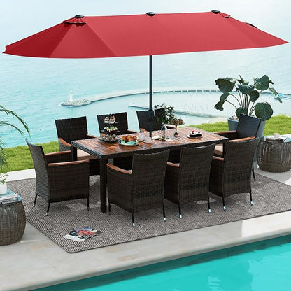 Tangkula 11 Pieces Patio Dining Set with 15ft Double-Sided LED Patio Umbrella (Base Included), Outdoor Rattan Furniture Set with 8 Stackable Chairs, Acacia Wood Dining Table and Umbrella (Wine)