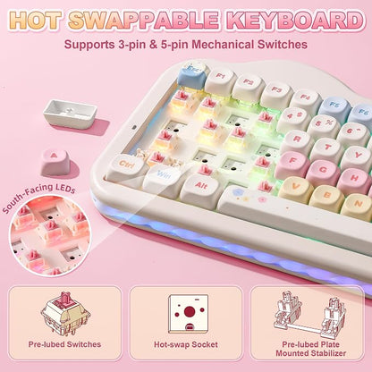 YUNZII C75 Cute 75% Wireless Mechanical Keyboard (Beige, Candy Switch) | Creamy Cake Keyboard, BT5.0/2.4G/USB-C, Hot-Swap, NKRO, PBT MOA Keycaps,5500mAh RGB Gasket Mount for Mac/Win/Gaming/Office