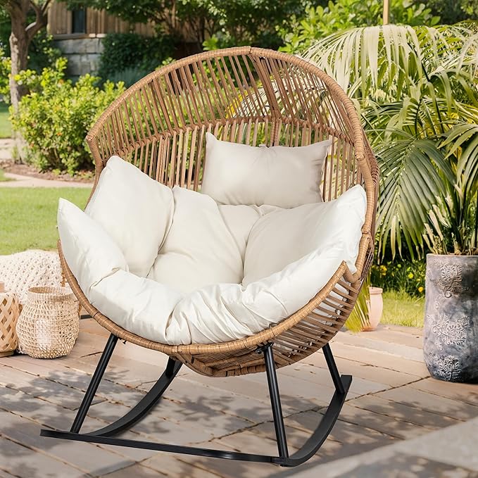 Vongrasig Wicker Egg Chair PE Rattan Rocking Chair with Cushion, Oversized Patio Lounge Rocker Chair for Outdoor, Indoor, Balcony, Backyard, Garden, Beige