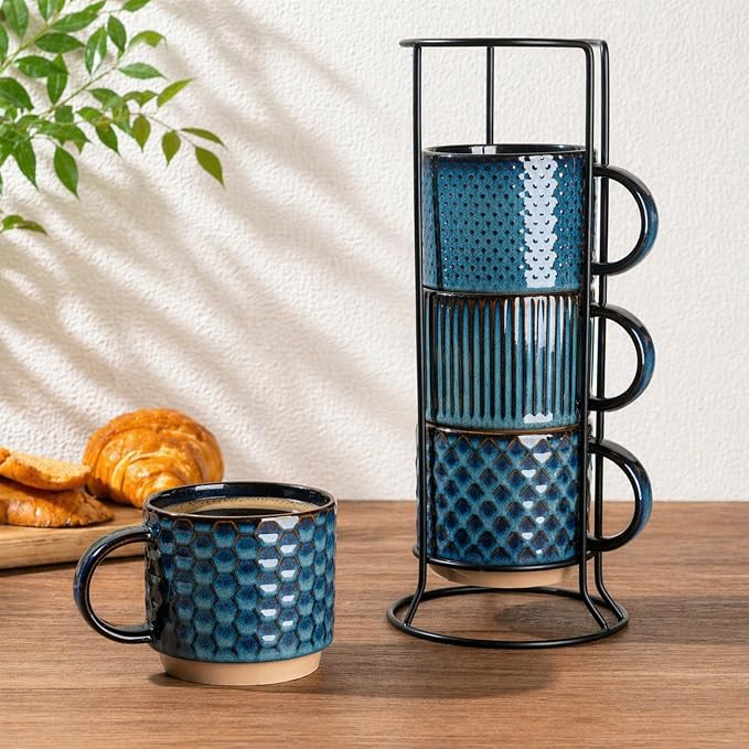GBhome 12 OZ Stackable Coffee Mugs Set of 4, Ceramic Coffee Cups Set | Coffe Cups With Saucer and Stand, Dishwasher&Microwave Safe, 4 Assorted Designs