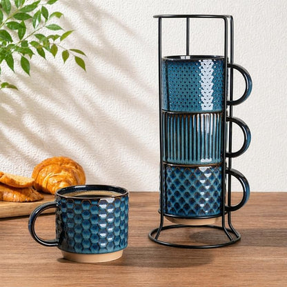 GBhome 12 OZ Stackable Coffee Mugs Set of 4, Ceramic Coffee Cups Set | Coffe Cups With Saucer and Stand, Dishwasher&Microwave Safe, 4 Assorted Designs