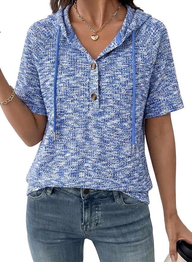 Dokotoo Womens Summer Tops 2026 Short Sleeve Button V Neck Waffle Knit Lightweight Drawstring Hoodies Casual Blouses Shirts