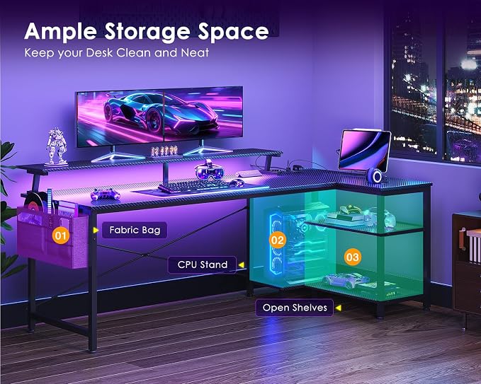 ODK 66 Inch L Shaped Gaming Desk with LED Lights, Power Outlets, Black | Adjustable Monitor Stand, Open Storage Shelves, Hanging Side Bag, PC Tower Stand, Reversible Layout for Gaming
