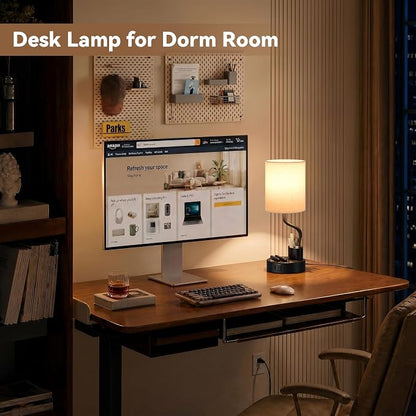 Fenmzee Bedside Lamps for Bedroom Set of 2 - Table Desk Lamp for Nightstand | 15" Table Lamp for Living Room with Pen Holder & Phone Stand, USB A+C Port, AC Outlet, 3 Color Temperature, LED Bulb Included