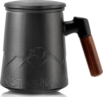 suyika Tea Cup with Infuser and Lid, 15.2 Ounce Wood Handle Ceramic Loose Leaf Mug Gradient Black 450ml
