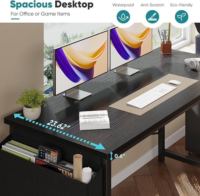 OLIXIS Computer Desk, 63 Inch Gaming Desks for Home Office Small Spaces | Writing Study Craft Work Table, Computer Workstation for Bedroom with Storage Bag, Black