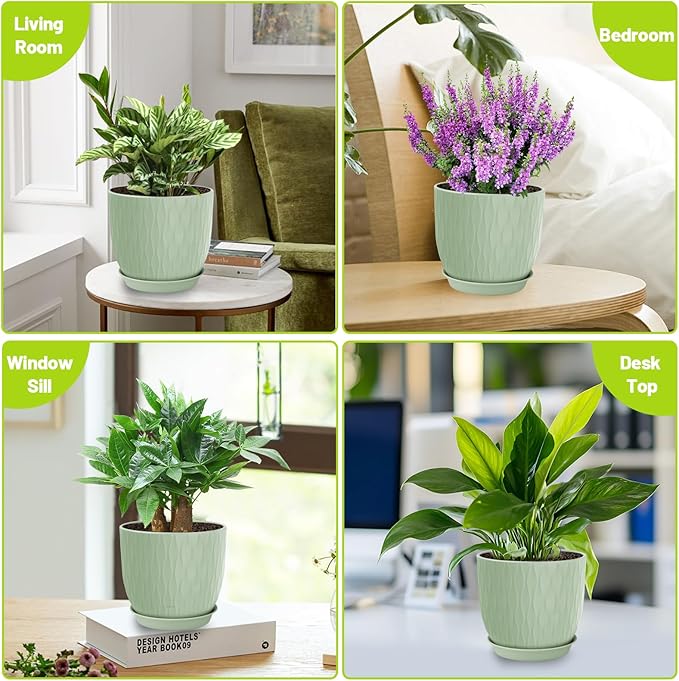 Plastic Plant Pots 10/9/8/7.5/7 inch Set of 5, Flower Planters with Drainage Holes and Saucers, Plastic Pots for Indoor Outdoor Plants, Livingroom Garden Decor (Green)