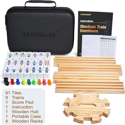 ELONGDI Mexican Train Dominoes Set with 4 Wooden Trays/Racks and Portable Carrying Case,Travel Colorful Double 12 Dominoes - 91 Numbered Tiles,for Kids and Adults