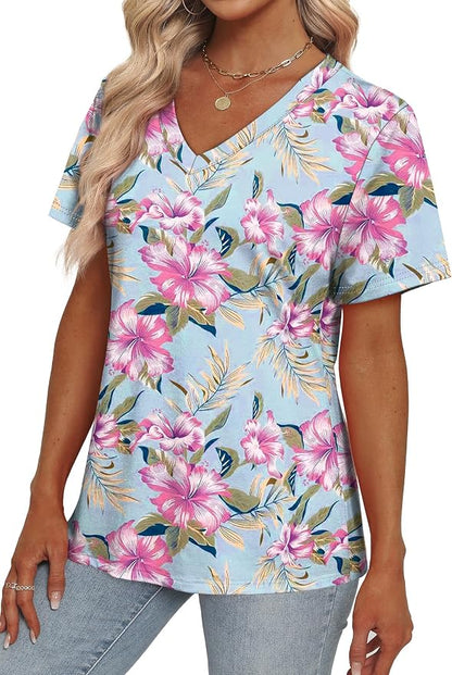 Alaroo Womens Summer Tops 2026 V Neck Short Sleeve Shirts Trendy Dressy Casual Vacation Outfits Printed