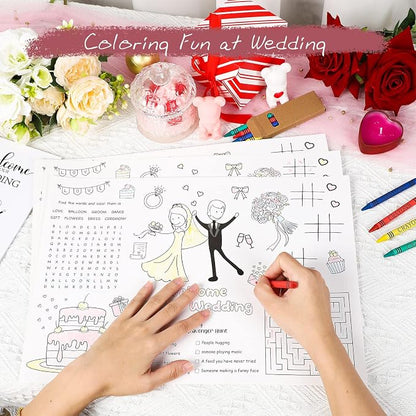 Pasimy 24 Set Wedding Activity for Kids Including 24 Pcs Wedding Coloring Placemats Books Sheets and 24 Pcs Coloring Crayons Individually Packaged for Reception Guest Party Favors, 15.7''x11''