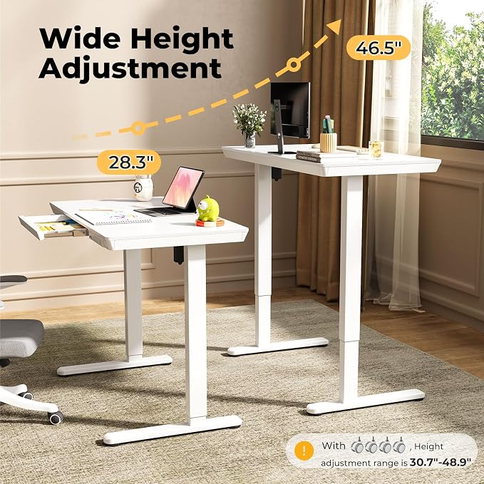 40" Electric Stand up Desk with Drawer, Height Adjustable | Sit Stand Home Office Desk with Storage, One-Piece Tabletop with USB Charging Ports, Quick Assembly Computer Desk on Wheels