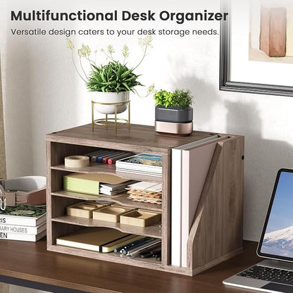Wooden Mail Organizer, Desk Organizer with 3 Adjustable Shelves | Mail Sorter, File Organizer Desktop, Mail Holder for Home Office, Letter Sorter for Envelopes, Bills, Magazines, Greige