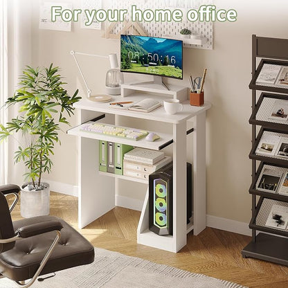 ALISENED 30 Inch Computer Desk, with Keyboard Tray & Monitor Stand | Compact Desk for Space-Saving, Ergonomic Study Desk with Storage Shelves for Writing, Gaming, Working, White