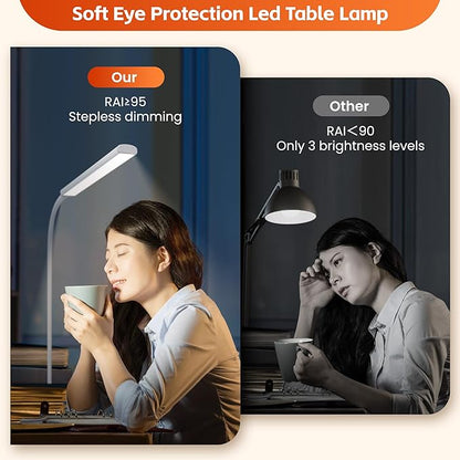 Desk Lamp with Clamp, Stepless Dimming Desk Lamps for Home Office Adjustable Desk Light Eye Caring Desk Lamp Office Lamp with USB Adapter for Working Drawing Sewing (White)