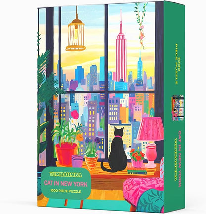 Puzzle for Adults 1000 Pieces, Cat in New York, Colorful Relaxing Jigsaw Puzzle, Mate Finish, Poster Included 1000 piece Puzzle for Adults, Stress Relief Art Puzzle.