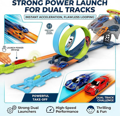 Dual Toy Car Race Track Set for Kids 2 Player Loop & Launch Car Track Toy with Score Points, 4 Metal Alloy Racing Cars, Interactive Sound Effects & Competitive Stunt Challenge for Boys & Girls