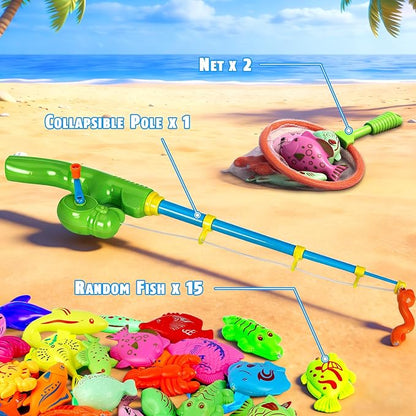 CozyBomB™ Magnetic Fishing Toys Game Set for Kids | Water Table Bathtub Kiddie Pool Party Pole Rod Net, Outdoor Plastic Floating Fish, Toddler Bath Color Ocean Sea Animals Birthday Gift Age 3-5 6 4-8