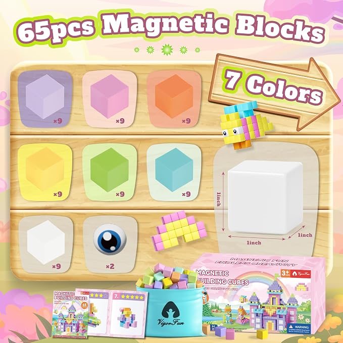 65 PCS Magnetic Blocks Set, 1" Magnet Building Blocks with Toy Eyes and Storage Bag for Kids Gifts, STEM Educational Preschool Sensory Toys for Toddlers Boys Girls Ages 3 4 5 6 7 8 + (Macaron Color)