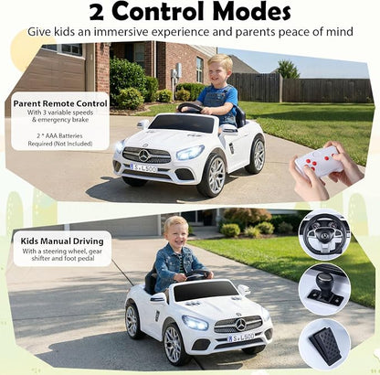 Costzon Ride On Car, 12V Licensed Mercedes Benz Electric Vehicles with Parent Remote Control, LED Headlights, Music & Wireless Connection, Kids Car for Boys Girls Aged 3-8 (SL500,White)