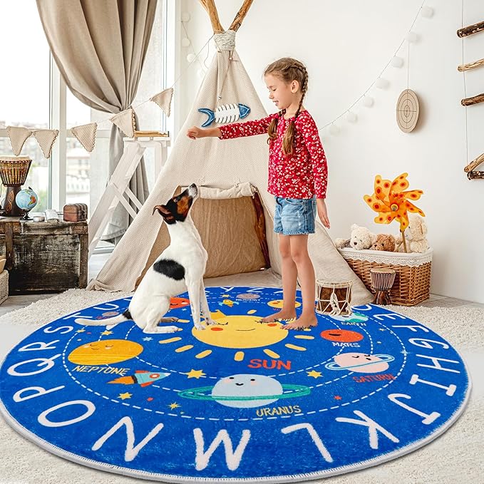 Round ABC Kids Rug,4 Ft Soft Circle Alphabet Playroom Rug,Washable Non-Slip Solar System Kids Play Rug,Space Educational Rug Kids Carpet for Classroom Playroom Bedroom Kids Room Decor