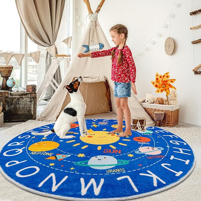 Round ABC Kids Rug,4 Ft Soft Circle Alphabet Playroom Rug,Washable Non-Slip Solar System Kids Play Rug,Space Educational Rug Kids Carpet for Classroom Playroom Bedroom Kids Room Decor