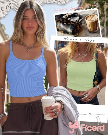 Ficerd 3 Pack Women's Tank Tops 95% Cotton Spaghetti Strap Ribbed Crop Camisole Slim Fitted Basic Summer Sleeveless Layer