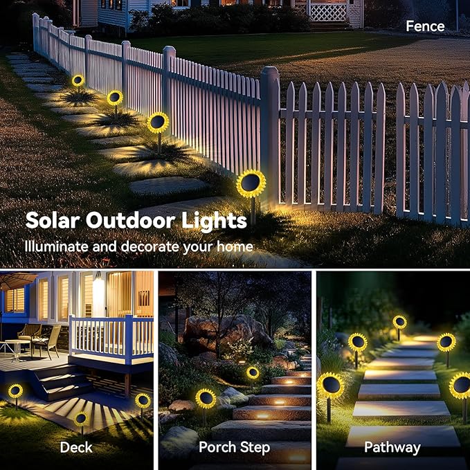 Outdoor Solar Lights, 6 Pack Led Solar Sunflower Lights, Stake/Wall 2-in-1 Waterproof Solar Garden Lights for Yard, Landscape, Fence, Patio, Driveway, Pathway, Backyard Decoration (Warm White)