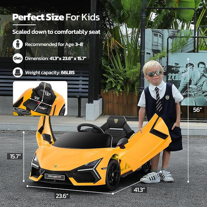 ELEMARA Lamborghini Kids Car with Scissor Door, Ride On Toys with Remote Control, 12v Kids Electric Car with Bluetooth, LED Light, MP3 Player and Wide Seat, Lemon Yellow