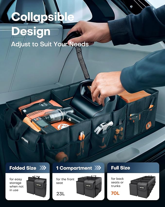 HOTOR Trunk Organizer for Car - Car Organizer, Foldable Trunk organizer for SUVs & Sedans, Sturdy Organization for Car Accessories, Tools, Sundries, Black, 3 Compartments, 31.9"×12.6"×10.6"