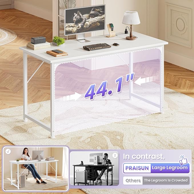 PRAISUN 47 X 20 Inch Computer Desk, Power Outlets, USB-C, White | Office Desk with 4 AC Outlets, USB & USB-C, Sturdy Metal Frame, Spacious Desktop for Work, Writing, Study & Gaming