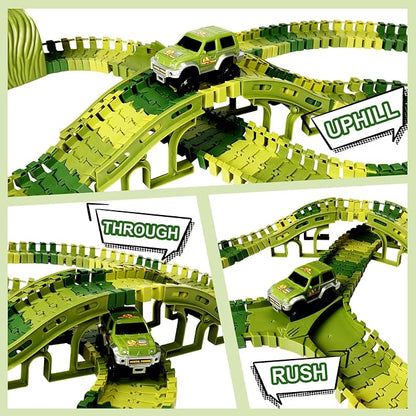 Dinosaur Track Toys, 266 PCS Dinosaur Toys for Kids 3-5 Create A Dinosaur World Road Race Tracks, 2 Dinosaur Cars Flexible Train Track Set, Birthday Gifts 3 4 5 6 7 Year Old Boys Girls