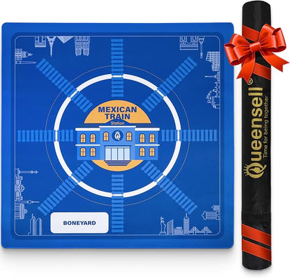 Queensell Mexican Train Dominoes Play Mat, 32" x 32" Non-Slip Gaming Surface, Mexican Train Accessories with Storage Bag, Printed Train Station Playfield, Easy to Clean & Roll Up
