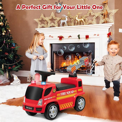HONEY JOY Ride On Push Car with Bubble Maker, Fire Engine Push Cars for Toddlers w/Horn, Music, Lights, Under Seat Storage, Foot-to-Floor Ride On Fire Truck Toy for Kids Boys Girls, Red