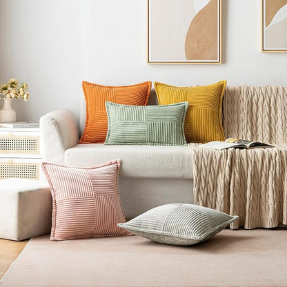 MIULEE Fall Burnt Orange Decorative Lumbar Throw Pillow Covers for Couch Bed Livingroom 12x20 Inch Set of 2 Boho Accent Throw Pllows Broadside Striped Patchwork Soft Corduroy Pillowcases