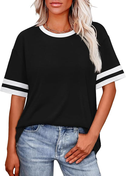 WIHOLL Womens T Shirts Loose Fit Short Sleeve Tees Crew Neck Color Block Summer Tops 2026 Fashion