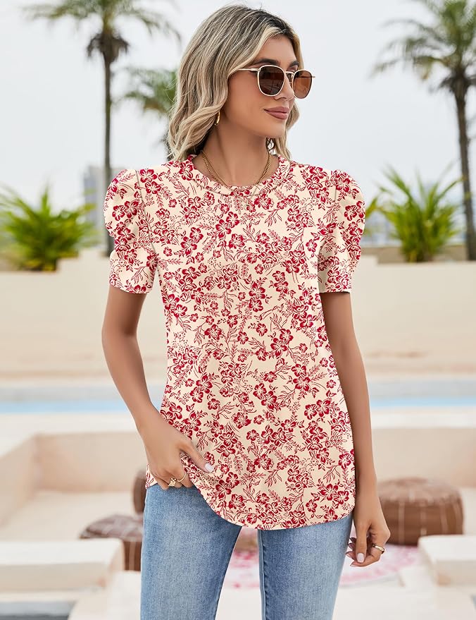 Ivicoer Puff Short Sleeve Shirt for Women Eyelet Tops Summer Crewneck Blouse Loose Fit S-XXL