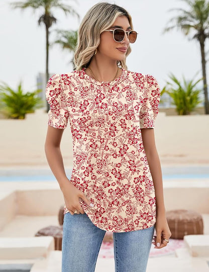 Ivicoer Puff Short Sleeve Shirt for Women Eyelet Tops Summer Crewneck Blouse Loose Fit S-XXL