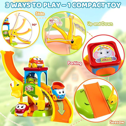 Marstone Toddler Toys for 1 2 Year Old Boys and Girls Gifts: Educational Elephant Slide with 4 Animal Car Toys for Baby 12-18 Months, First Birthday Gifts for Kids, Learning Push Race Tracks Age 1-2